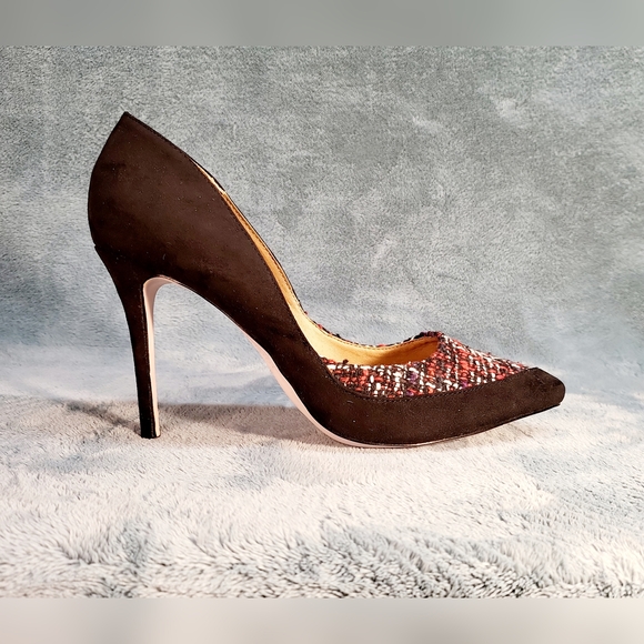 👠🖤🔥NEW Just Fab Suede Woven Black Red & White High Heels Sz 9 - Picture 12 of 14